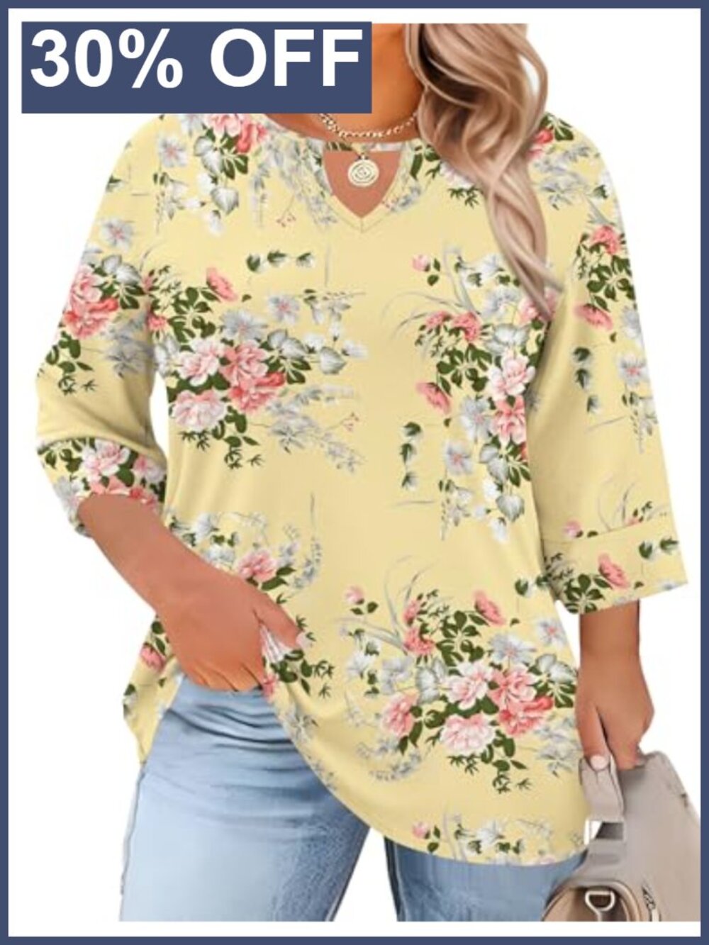Plus Size 3/4 Sleeve Keyhole Blouse Soft Stretchy Women's Tunic